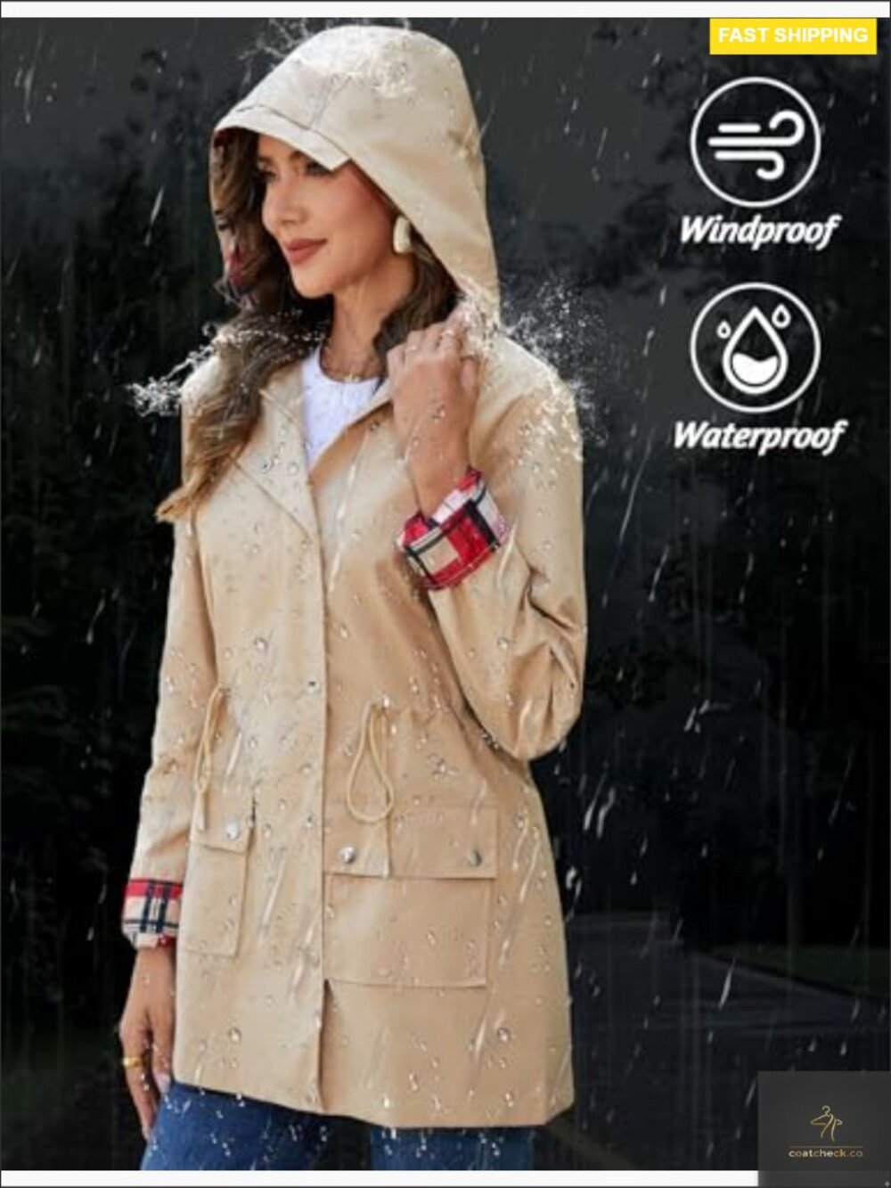 Waterproof Rain Jacket Lightweight Windbreaker Hooded Trench Coat Striped - Picture 4 of 7